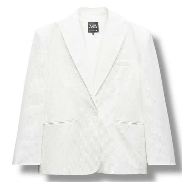 ZARA Oversized Pinstripe Blazer White Black Stripe Size M-L - Picture 2 of 6